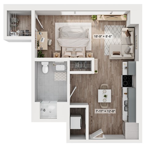 A diagram shows a small apartment layout with a bedroom, living room, and kitchen.